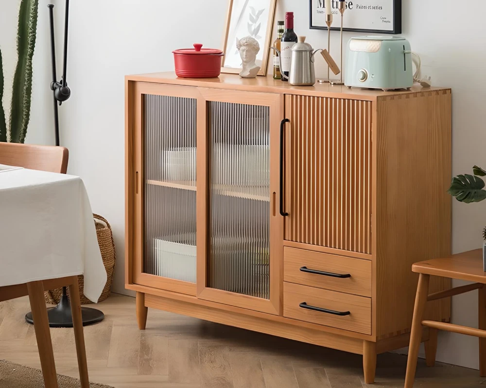 wooden sideboard with glass doors