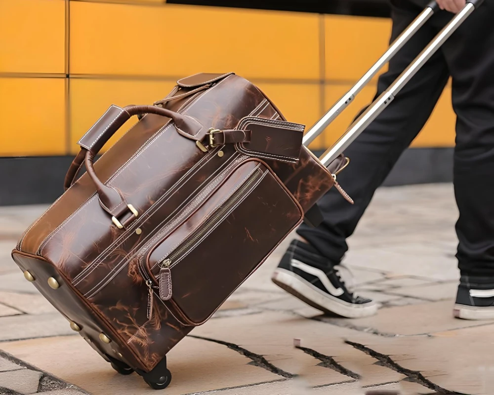 leather luggage with wheels